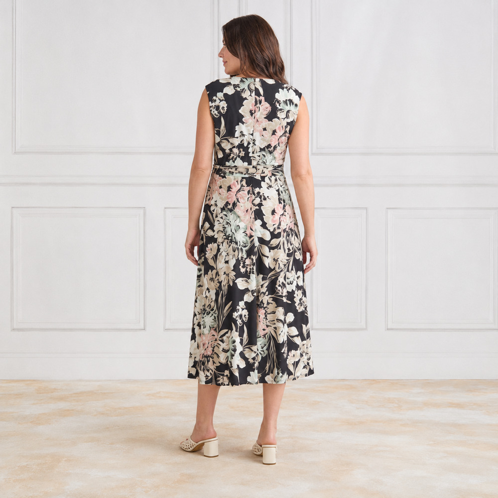 NWT Kasper Floral Pleated Neck Keyhole Midi Dress Size 16 Black Multi - Picture 4 of 7